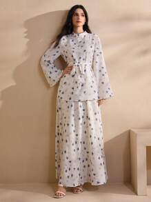 Graceveil 2 件套法式优雅碎花上衣和长裙，传统中东风格服装，朴素 - 白色 - 查看 5