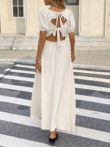 SHEIN Frenchy 女士夏季方领露背系带长裙 - 杏色 - 查看 6