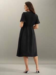SHEIN Clasi Plus Size Women Elegant Pleated Tassel Rhinestone Decor Dress, Suitable For Commuting & Party, Minimalist & Graceful - Black - View 2