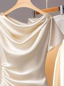 Franclia Blusa elegante de verano de unicolor, con cuello con volantes, manga corta y plisada - Albaricoque - Ver 3