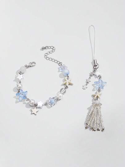 Fairycore Set de 2 piezas de joyería inspirada en el océano en color azul claro, pulsera de estrella de mar y llavero con borlas de cristal, accesorios versátiles para mujeres, gran regalo para amigos, familiares, graduación o temporada de regreso a la escuela