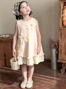 SHEIN Elladie kids Young Girl' Elegant 3D Pearl Flower Mesh Asymmetrical Hem Sleeveless Dress, Spring/Summer - Beige - View 3