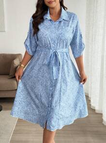 Calvaya Robe-chemise rayée pour femmes grandes tailles, col boutonné, taille auto-nouée, manches courtes, tenue décontractée d'été, décontracté chic - Bleu azur - Voir 6