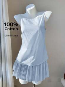 Comfortcana 2件套女士浅蓝色休闲吊带上衣和百褶裙，夏季 - 淺藍色 - 查看 1