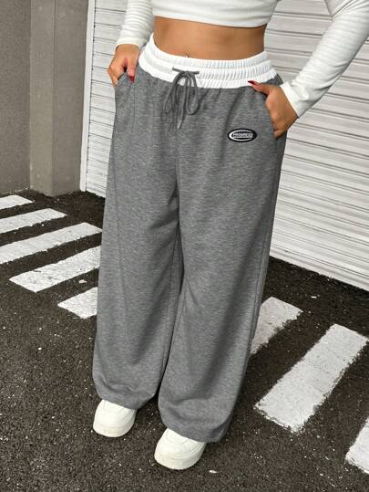 Muchica 大码女式字母印花抽绳腰部口袋宽松运动裤，深灰色