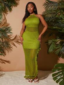 SHEIN SXY Plus Size Women's Spring&Summer Elegant Sexy Daily Basic Boho Colorful Crochet Wavy Pattern High Split Dress, Halter Backless Tassel Hem Vacation Dress,Summer Dresses For Women Green Mesh Maxi Dress Lime Green Maxi Dress Tassel Maxi Dress,Suitable For Everyday Wear,BOHO,Bohemian,Outing,Resort,Beach Vacation,Holiday,Seaside,Western Wear,Music Festival,Concert,Carnival Party,Richly Layered,Date Night,Ibiza,Nashville,Break,Modest,Chic,Club,Cute,Casul,Shopping, Streetwear,Going Out - Green - View 10