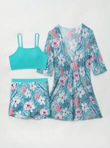 Swim Lushoire 3 件套女士随机印花吊带上衣、短裤和和服套装，春假海滩装夏季泳装套装 - 彩色 - 查看 5