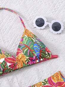 SHEIN Tween Girls Tropical Print Spaghetti Strap Bikini Set, Casual Vacation Style - Multicolor - View 4