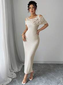 Modelyn Solid Color Mesh Splice & 3D Flower Decor Shoulder-Revealing Mid-Calf Dress For Women - Apricot - View 6