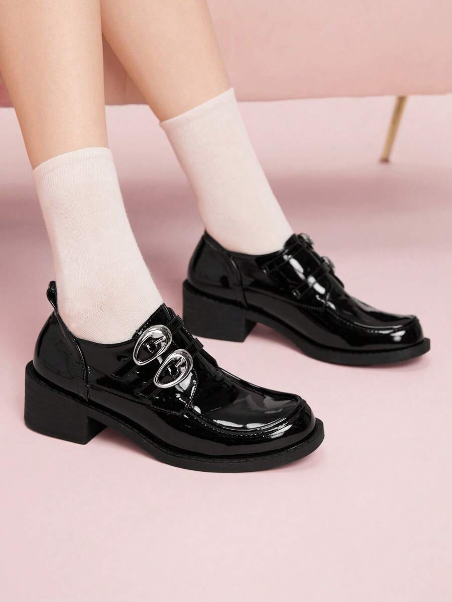 CUCCOO DOLLMOD Women's Outdoor Round Toe High Heel Black PU Glossy Material Fashion Comfortable Daily & Party Buckle Strap Stiletto Pumps With Silver Studded Decor - Black - View 1