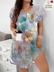EMERY ROSE Casual Loose Plus Size Women Floral Print Short Sleeve Mini Dress Suitable For Going Out Chic Dress - Multicolor - View 1