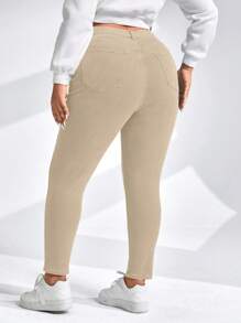 EMERY ROSE Women Plus Size Casual Solid Color Stretchy Leggings Elegant Spring - Khaki - View 2