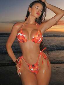 Swim SXY Damen sexy Dreieck Cup Spaghetti Träger Kreuz-Rücken Bindungs-Seiten Bikinihose 2 Stücke Bikini Set - Verschiedenfarbig - Übersicht 1