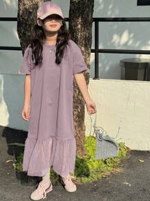 Dazy Kids Tween Girls Round Neck Patchwork Net Yarn Short Sleeve Dress, Summer