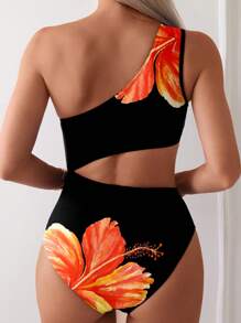 Swim Lushoire 1 件女式连体泳衣，不对称肩部，纯色拼布印花，无袖，休闲舒适，适合假日游泳 - 彩色 - 查看 2