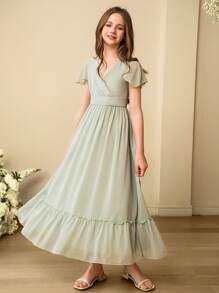 SHEIN Tween Girls' Elegant Green Long Dress With Cross V-Neck & Waist Belt, Suitable For Party, Vacation, Ball, Prom, Wedding, Flower Girl, Birthday Gift - Green - View 1