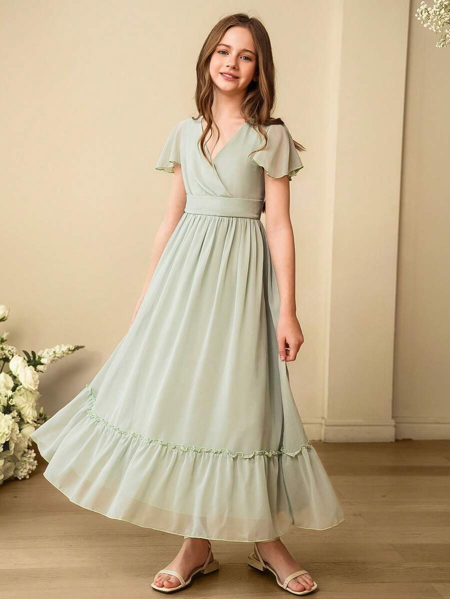 SHEIN Tween Girls' Elegant Green Long Dress With Cross V-Neck & Waist Belt, Suitable For Party, Vacation, Ball, Prom, Wedding, Flower Girl, Birthday Gift - Green - View 1