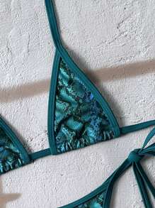 Swim Vcay Set de bikini de 2 piezas con top de bralette de halter y Bottom de tanga con lazos laterales, estampado floral aleatorio y textura - Traje de baño sexy