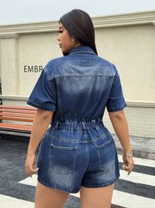 SHEIN ICON Women Plus Size Summer Cool Sexy Style Open Back Belted Denim Jumpsuit