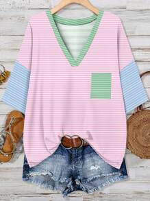 EMERY ROSE Lässiges T-Shirt mit Retro-Streifendruck und lockerem, kurzärmligem V-Ausschnitt und Tasche für Übergröße, Sommer