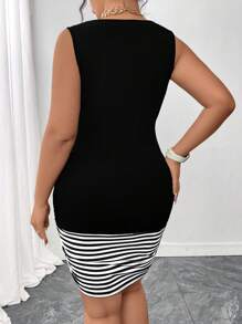SHEIN LUNE Plus Size Women Mock-Layer Draped Neck Sleeveless Dress, Color Block Black & White Stripes - Black and White - View 2