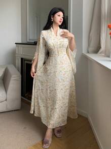 Modelyn 女式夏季全印花网眼腰部收腰优雅中长连衣裙