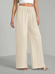 SHEIN Tall Loose Cotton Drawstring Waist Trousers In Textured Crinkle Fabric,Cargo Pants - Apricot - View 3