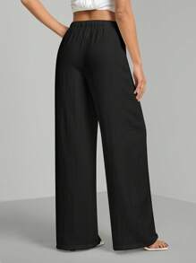 SHEIN Tall Loose Cotton Drawstring Waist Trousers In Textured Crinkle Fabric,Cargo Pants - Black - View 2