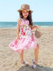 SHEIN Young Girl Loose Casual Simple Comfortable Suspender Ruffle Sweet Cute Dress - Pink - View 6