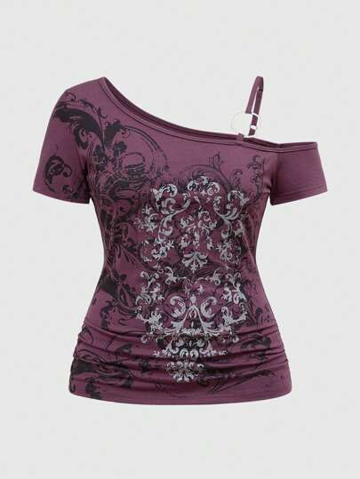 Grunge Punk بلوزة صيفية كبيرة الحجم أسيمتريكية بالياقة غير المتماثلة، برقبة بوهيمية متنمرة ذات طراز غوثي، ملمس ستريت فايني عتيق بدون أكمام