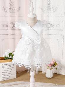 Baby Girl's Elegant V-Neck Puff Sleeve White Summer Dress