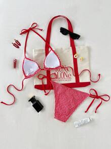 Swim Mod Summer Beach Holiday Cute & Sweet Plaid Textured Bow Decor Triangle Cup Tie Side Bikini Set - Red and White - View 2