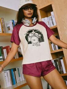 SHEIN 2 Stücke Damen Kontrast Farbe Raglan Ärmel Lässig Set mit Musikinstrument Muster Pyjama - Verschiedenfarbig - Übersicht 7