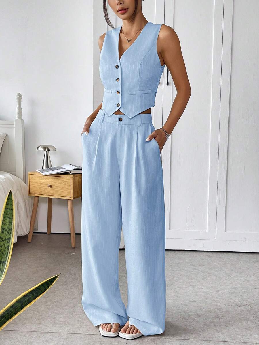 SHEIN EZwear 条纹背心和休闲长裤套装,夏季假日办公室服装女士商务女性服装职业女性秋冬服装 - 藍白色 - 查看 1