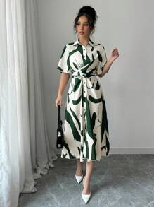 Elenzga Váy dài vừa phải in họa tiết khối màu thường ngày/đi làm cho nữ cài nút phía trước - Màu xanh lá cây đậm - Xem 3