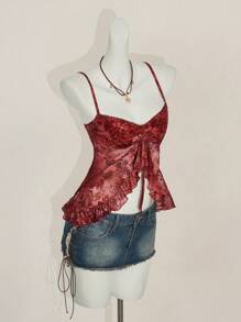 SHEIN ICON Top de tirantes tipo bata con estampado floral, volantes y escote en V, estampado de paisley al estilo bohemio de Hawai, fashionable y sexy para el verano