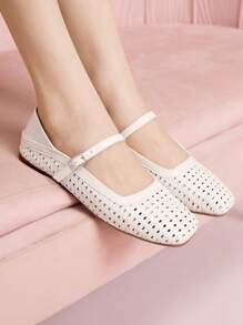 CUCCOO DOLLMOD Women's Round Toe Low Heel Beige Woven Mesh Fabric Chic Minimalist Buckle Strap Flats