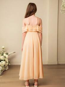 SHEIN Tween Girls' Elegant Summer Apricot Off Shoulder Chiffon Dress,Wedding Guest Formal High-Waist Long Soft Gown For Graduation,Wedding,Flower Girl Party - Apricot - View 2
