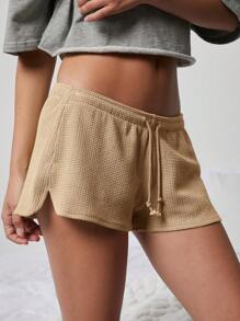 WESTFADE Cute Mid Rise Tie Front Textured Knit Lounge Shorts - Khaki - View 9
