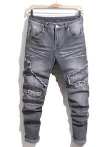 Manfinity LEGND Men's Frayed Hem Solid Color Pocket Fashion Denim Jeans