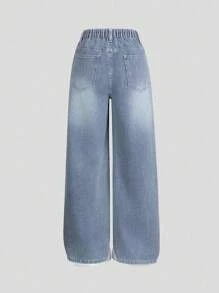 Teen Girl Distressed Floral Print Mid-Waist Blue Washed Straight Leg Jeans, Fashionable & Cute Clothes For Teens Teen Girls Jeans Cute Jeans Jeans Cute Teenager Clothes For Girls Teen Girls Jeans Cute Baggy Jeans - Light Wash - View 2