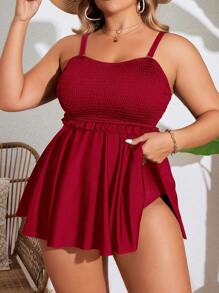 Swim Lushoire Conjunto de tankini de talla grande para mujer con tirantes finos y falda - Rojo - Ver 3