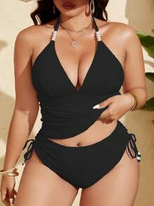 Swim Lushoire 加大码女式两件套特殊面料泳衣，吊带项链，深 V 领，可拆卸衬垫，高腰侧系带侧褶三角形泳裤，优雅修身休闲度假沙滩泳装 - 黑色 - 查看 5