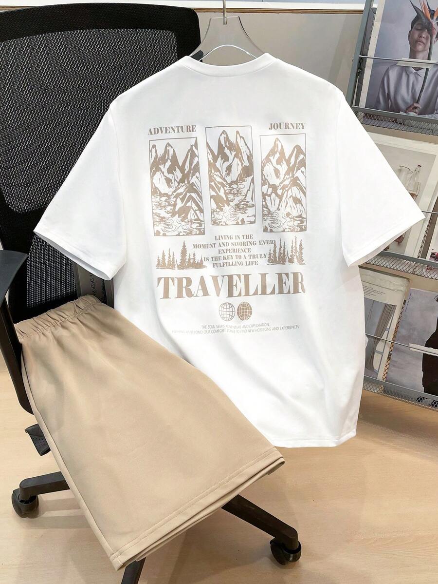 SHEIN 2pcs Tween Boys Casual Colorblock Blue, Army Green, Khaki, Black Striped & Letter Print Short Sleeve T-Shirt And Drawstring Shorts Set, Suitable For Home, Outing, School, Holiday, Travel, Spring/Summer