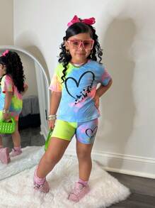 Set de 2 buc pantaloni scurți cu mânecă scurtă, casual, minimalisti, cu imprimeu de inimă, pentru fete tinere, potriviți pentru vară - Multicolor - Vizualizare 1