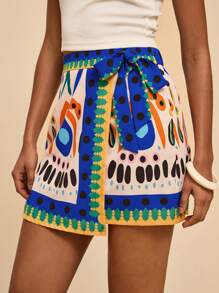 Travachic Women's Orange And Blue Geometric Print Wrap-Around Skirt,Boho Summer Vacation Holiday Outfits,Comfy Bohemian Clothing,4th Of July Graduation Clothes - Multicolor - View 5