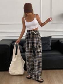 DAZY Plaid Drawstring Wide Leg Pants, Casual Street Style Women Long Trousers, Summer - Navy Blue - View 6