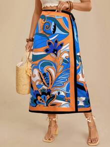 Travachic Plus Size Women's Casual Tropical Print Asymmetric Black Palm Tree Parrot Pattern Tie Waist Skirt - Blue - View 1