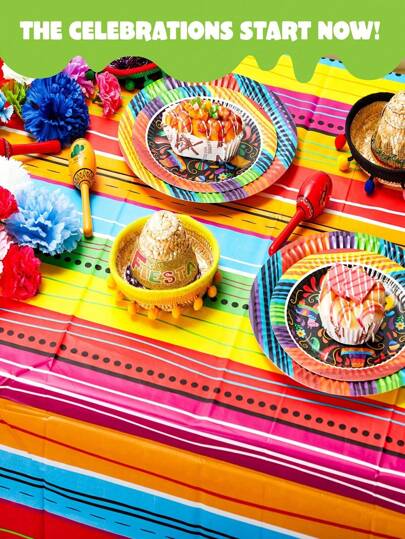 印花塑料桌布，多色款式（54 x 108 英寸），适合节日、墨西哥卷饼之夜、生日和墨西哥主题派对