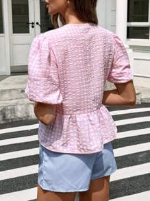 SHEIN LUNE 女士休闲格子泡泡袖撞色蝴蝶结衬衫春夏基本款日常上衣夏季机场暑假女沙滩外出上衣可爱夏季上衣节日 - 粉色 - 查看 2
